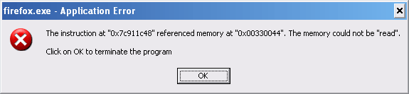 The instruction at 0x7c911c48 referenced memory at 0x00330044. The momory could not be read.