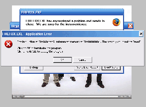 Firefox crash screen, full of error popups